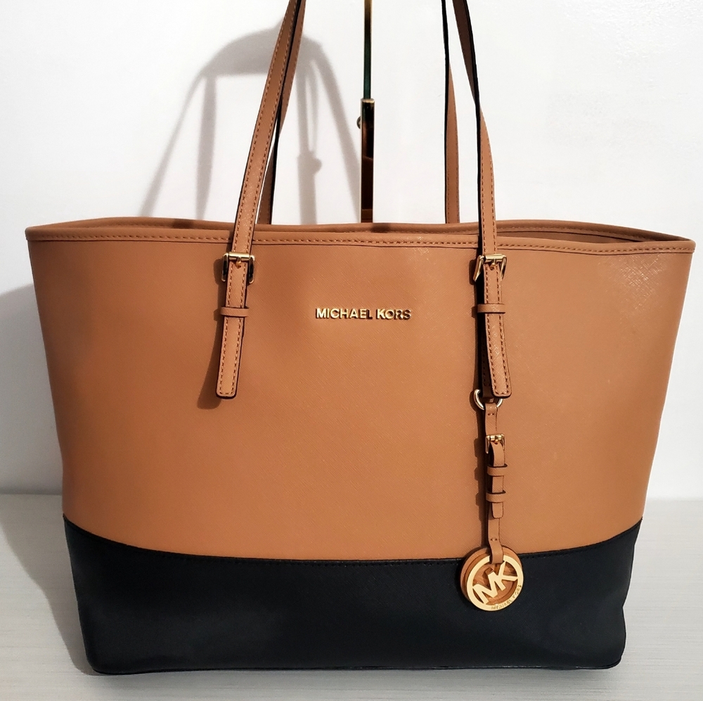 Michael Kors Jet Set Tan and Black Block Tote Bag